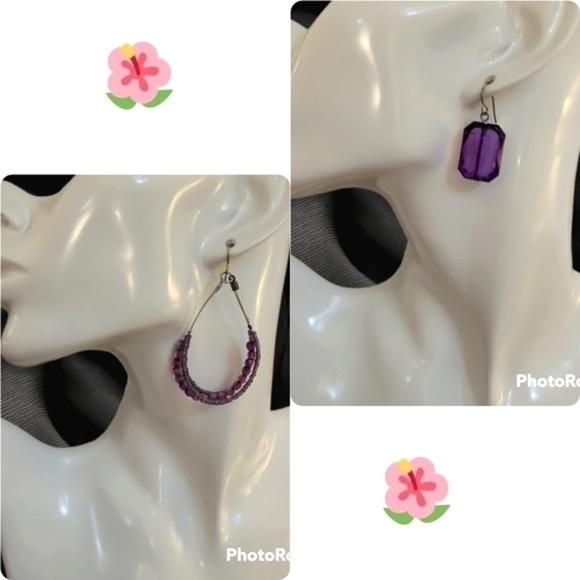 Hand Crafted Jewelry - HANDMADE Set of Two Purple Teardrop Hoop Acrylic Gem Earrings